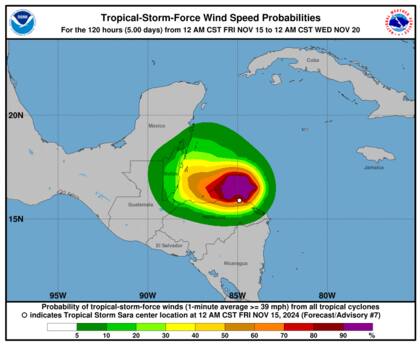 El Centro Nacional de Huracanes advirtió que las lluvias podrían alcanzar acumulados de hasta 500 milímetros, con máximos de 750 milímetros en áreas aisladas.