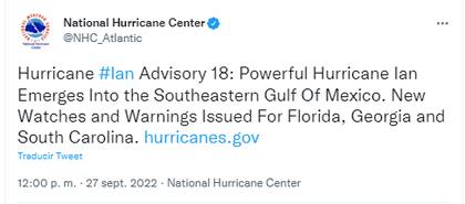 El Centro Nacional de Huracanes de Estados Unidos anunció que Florida, Georgia y Carolina del Sur están en riesgo