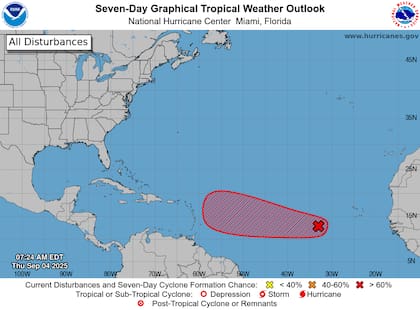 El Centro Nacional de Huracanes informa que una onda tropical al suroeste de Cabo Verde muestra señales de organización con 80% de probabilidad de desarrollo en siete días