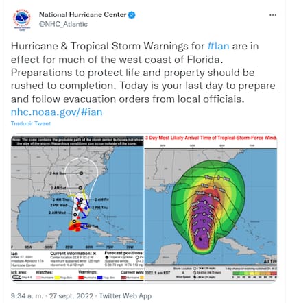 El Centro Nacional de Huracanes mantiene el alerta en Florida por el huracán Ian