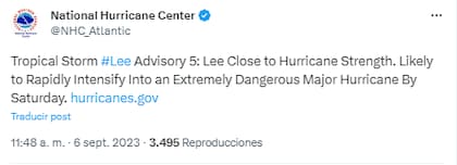 El Centro Nacional de Huracanes (NHC, por sus siglas en inglés) advirtió que la tormenta tropical Lee podría convertirse en un peligroso huracán