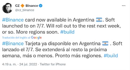 El CEO de Binance informó que está disponible la Binance Card en la Argentina