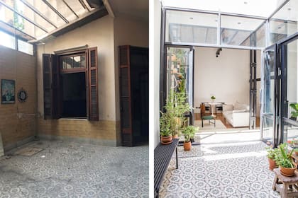 El cerramiento a medida se alinea con las columnas de hierro que descubrieron tras demoler la pared. Durante la obra retiraron el piso calcáreo para restaurarlo y volver a colocarlo.