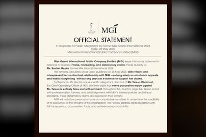 El certamen señaló que Gupta "incumplió sus funciones" como Miss Gran Internacional, en respuesta a su comunicado