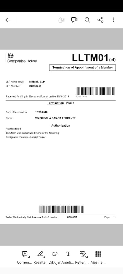 El certificado de la offshore de Priscila Ferrante en Gran Bretaña