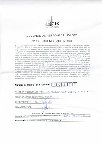 El certificado médico que presentó Osvaldo Carrizo para participar de la media maratón