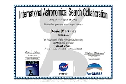 El certificado otorgado por la NASA.