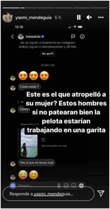El chat de Yasmila Mendeguía que incrimina a Eduardo Salvio
Foto: captura de pantalla