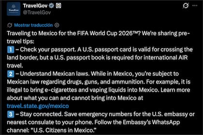 El checklist difundido por el gobierno de EE.UU. para los ciudadanos que viajen a México por el Mundial 2026