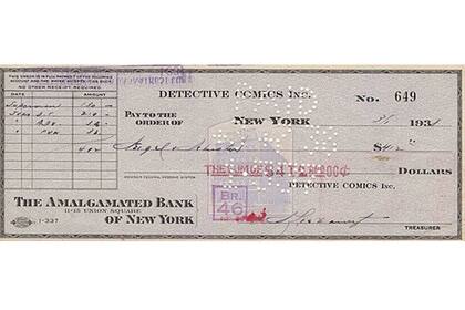 El cheque por 130 dólares de DC Comics (aún conocida como "Detective Comics") que recibieron Shuster y Siegel a cambio de los derechos del personaje