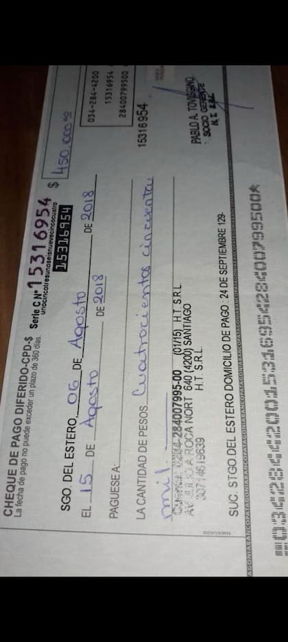 El cheque que le firmó Toviggino a López