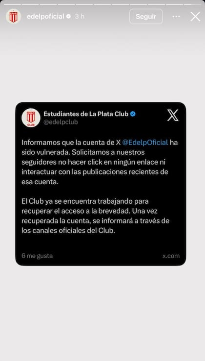 El club advirtió a los usuarios a través de Instagram