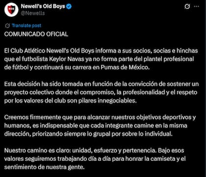 El Club Atlético Newell's Old Boys informa el traspaso de Keylor Navas a los Pumas de la UNAM (X/@Newells)