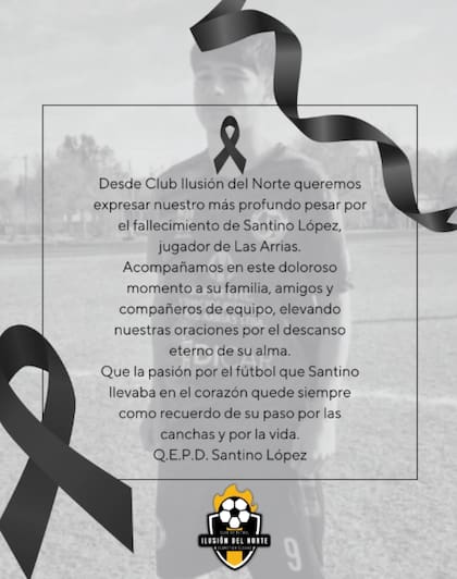 El club cordobés expresó su consternación por la muerte de Santino López (Instagram: @clubilusiondelnorte)