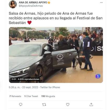 El club de fans de Ana de Armas rescató el momento en que Salsa, una de las mascotas de la actriz, llegó al Festival de San Sebastián