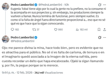 El cocinero Pedro Lambertini apuntó contra Eugenia Tobal (Foto: X @PedroLambertini)