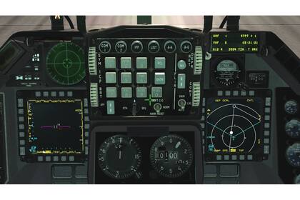 El cockpit de los F-16 reúne al frente toda la información que se necesita en vuelo; el simulador lo recrea, en sus diferentes variantes (o bloques), con notable fidelidad