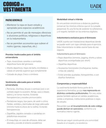 El código de vestimenta de UADE que generó polémica entre los alumnos.