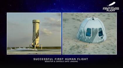 El cohete propulsor y la cápsula con la tripulación de la New Shepard aterrizaron en lugares separados