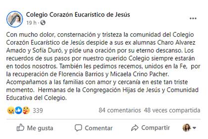 El Colegio Corazón Eucarístico de Jesús compartió sus condolencias por la muerte de dos de sus exalumnas, rumbo a la Costa
