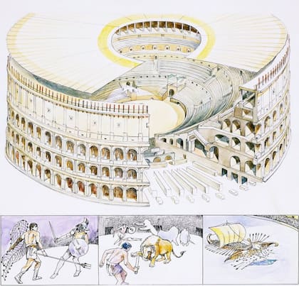 El Coliseo de Roma reconstruido, con representaciones de combates de gladiadores o 'munera', de gladiadores y animales o 'venationes' y navales o 'naumachiae'.
Foto: Getty Images