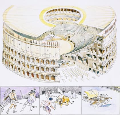 El Coliseo de Roma reconstruido, con representaciones de combates de gladiadores o 'munera', de gladiadores y animales o 'venationes' y navales o 'naumachiae'.
Foto: Getty Images