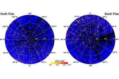 El color azul de esta imagen muestra la presencia de hematita en los polos norte y sur de la Luna