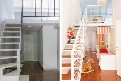 El color coral fue elegido entre toda la familia como alternativa al rosado que pedían las hijas para las cortinas rayadas (Casa Almacén) que dan un alegre toque circense a su cuarto.