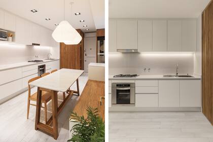 El comedor diario acentúa su carácter con lámparas colgantes (Boutique de luz) y con las suaves ondulaciones de las sillas 'Moller' (Zichy). Pileta (Johnson) y canilla 'Temple' (FV)