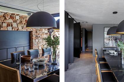 Puertas pivotantes quemadas y teñidas de negro (Pablo Ledesma). Mesa ‘Niguiri’ (Eugenio Aguirre). Obra de Teodelina Detry. Lámparas negras (Alejandro Lo Grasso).