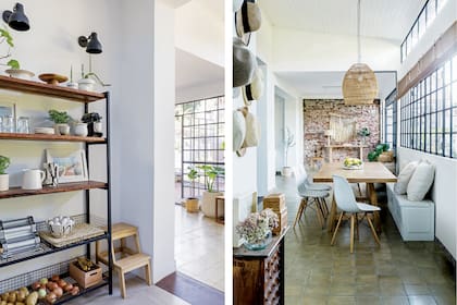 El comedor se comunica con la cocina. En la entrada se encuentra esta estantería (Woodhead) para ver si funcionaba, y quedó. Ganó entidad con los apliques que la iluminan. Banquito escalera (Manada Almacén).