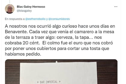 El comensal Blas Galey Hermoso escribió su queja en su cuenta de Twitter, donde publicó, como prueba, el ticket del gastrobar