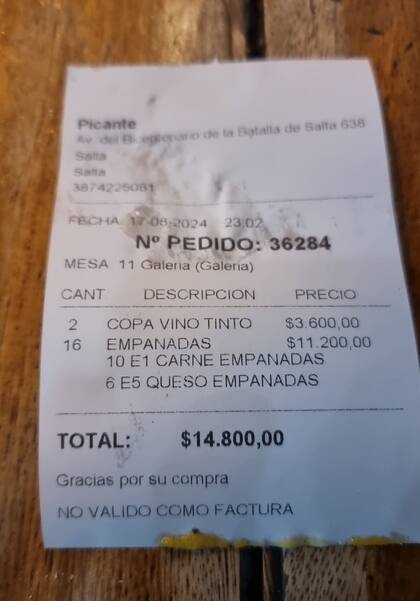 El comensal gastó menos de $15.000 por un menú de 16 empanadas y dos copas de vino local