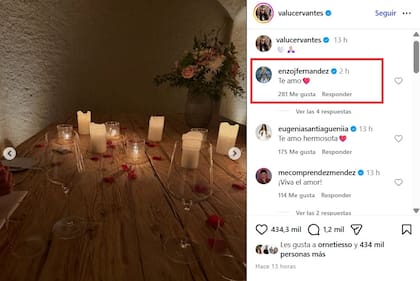 El comentario de Enzo Fernández en el posteo de Valu Cervantes