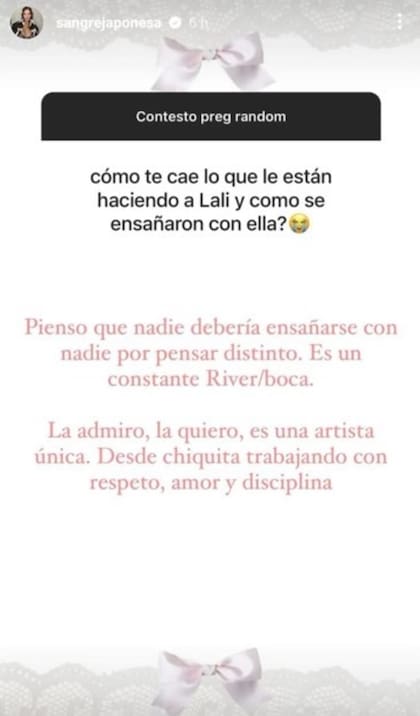 El comentario de Eugenia Suárez sobre la disputa entre Lali Espósito y Javier Milei (Foto: Instagram @sangrejaponesa)