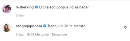 El comentario de María Eugenia "la China" Suárez a su novio Rusherking. Foto/Captura Instagram: @rusherking
