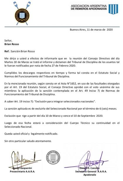 El comunicado completo de la Asociación Argentina de remeros aficionados