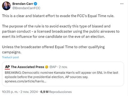 El comisionado de la FCC, Brendan Carr, criticó la aparición de Harris