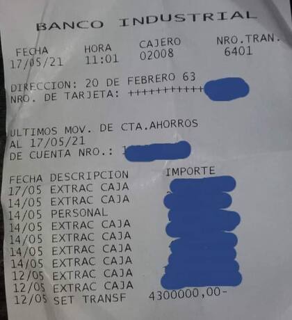 El comprobante de la transacción que Serafín Peralta recibió por error y que lo convirtió en millonario por 48 horas