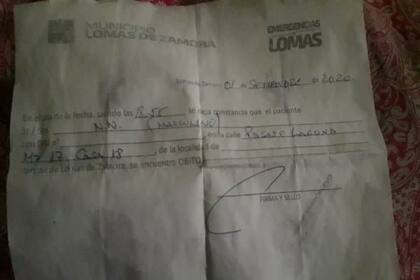 El comprobante que le dieron a Xina en la Municipalidad de Lomas de Zamora