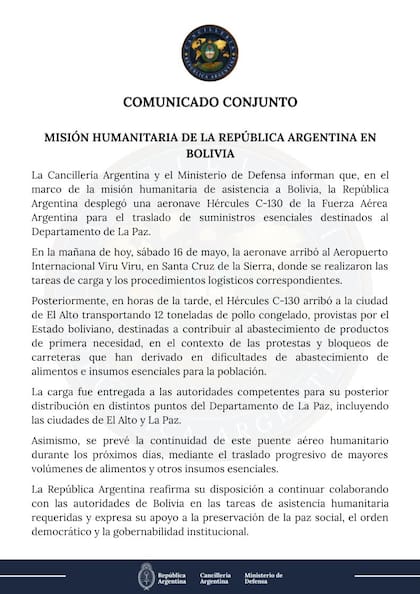 El comuncado de cancillería sobre la intervención argentina en Bolivia