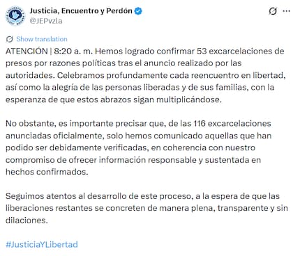 El comunciado de la organización Justicia, Encuentro y Perdón en X (Fuente: @JEPvzla)
