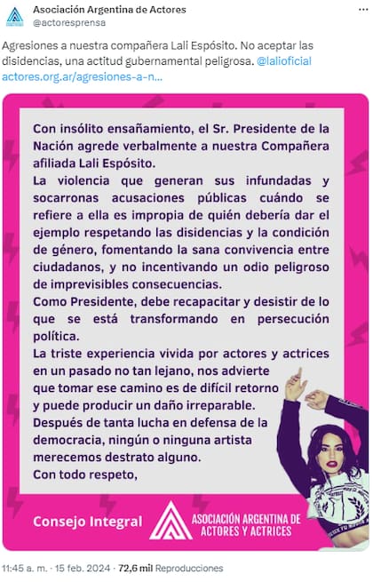 El comunicacado de la Asociación Argentina de Actores y Actrices sobre los dichos de Javier Milei contra Lali Espósito (Foto: Captura x/@Actoresprensa)