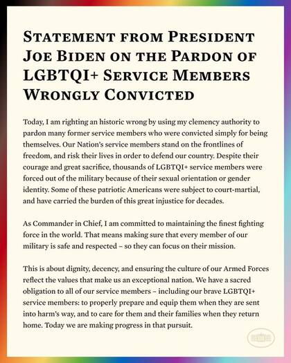 El comunicado a través del cual Joe Biden, presidente de EE.UU., informa acerca del indulto a exmilitares sancionados por su orientación sexual