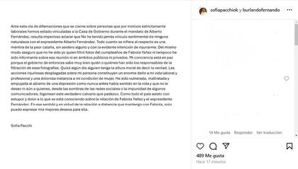 El comunicado compartido por Sofía Pachi en su cuenta de Instagram