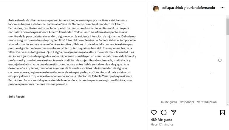 El comunicado compartido por Sofía Pachi en su cuenta de Instagram