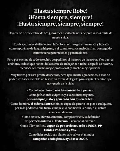 El comunicado completo con el que se informó la muerte de Robe Iniesta