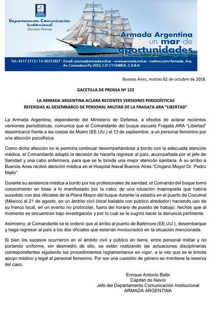 El comunicado completo de la Armada