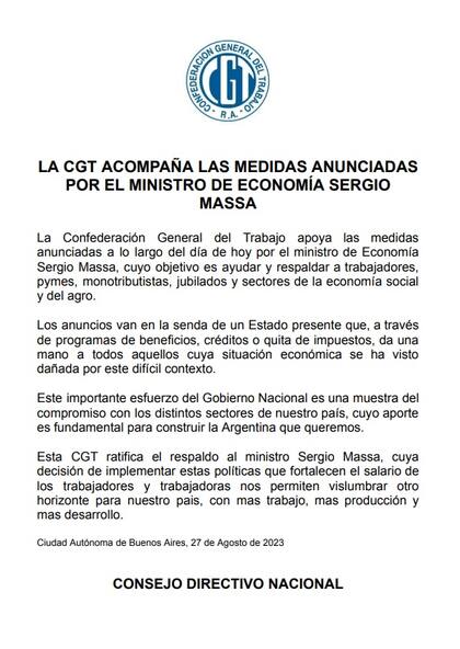 El comunicado completo de la CGT