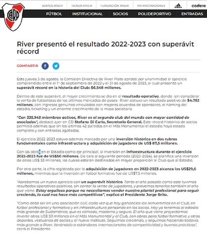 El comunicado completo de River, anunciando la aprobación del presupuesto de la temporada 2022/23